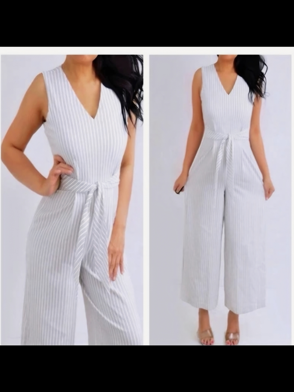 Calvin Klein Striped V-Neck Tie-Waist Cropped Jumpsuit in Beige and White - Picture 9 of 16
